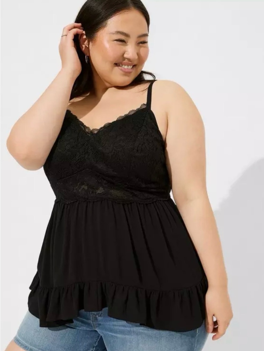 torrid Black Lace V-Neck Ruffle Chemise Tank